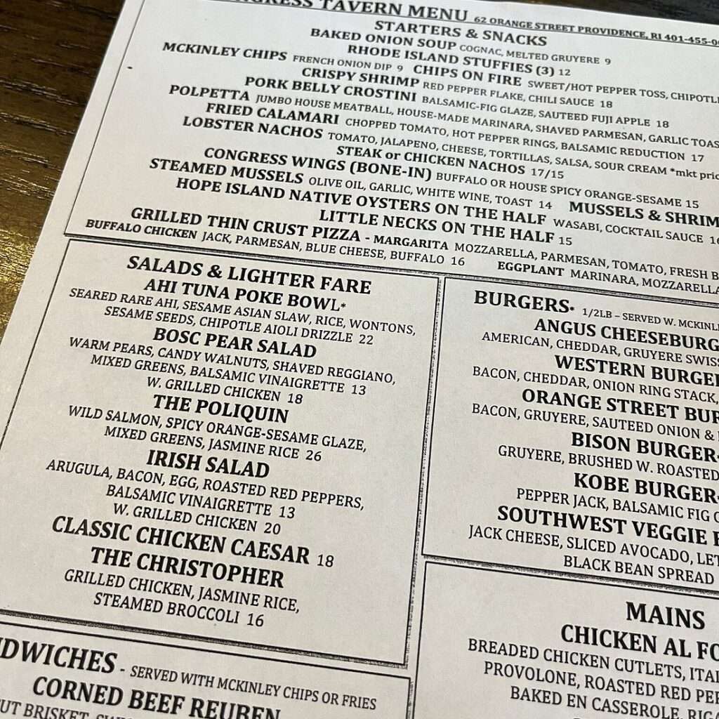 Congress Tavern menu 1